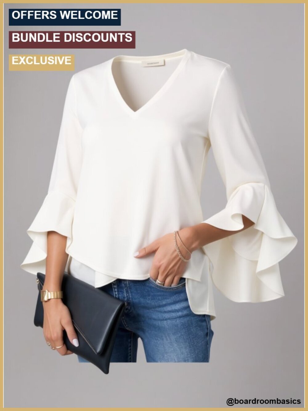 Womens Ruffle 3/4 Sleeve Blouse V Neck Business Casual Tunic Top